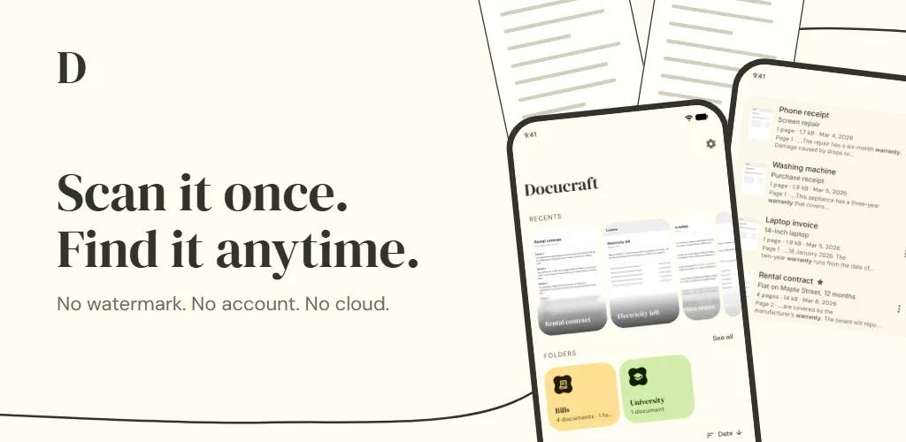 Docucraft promo: “Scan it once. Find it anytime.” with the app open on two phones